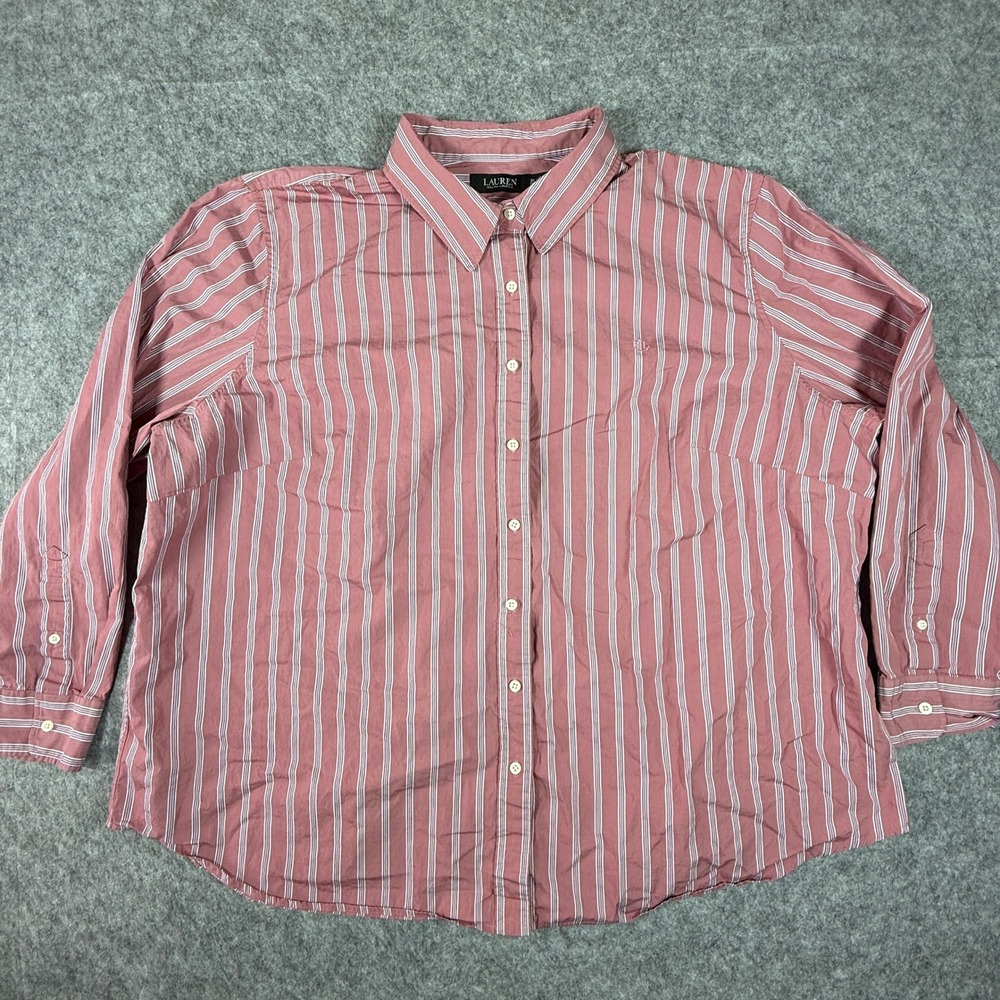 Lauren Ralph Lauren Button Down Shirt Women 3X Red Striped Long Sleeve LRL Logo